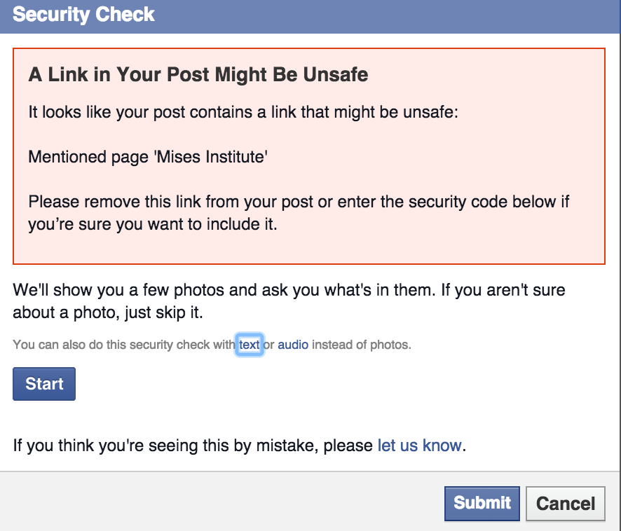 Facebook calls Mises link unsafe